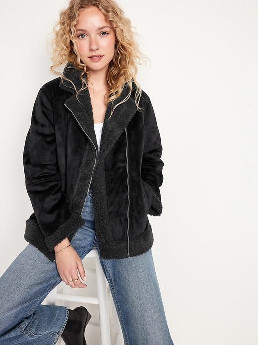 Faux-Suede Sherpa-Lined Moto Jacket Product Image