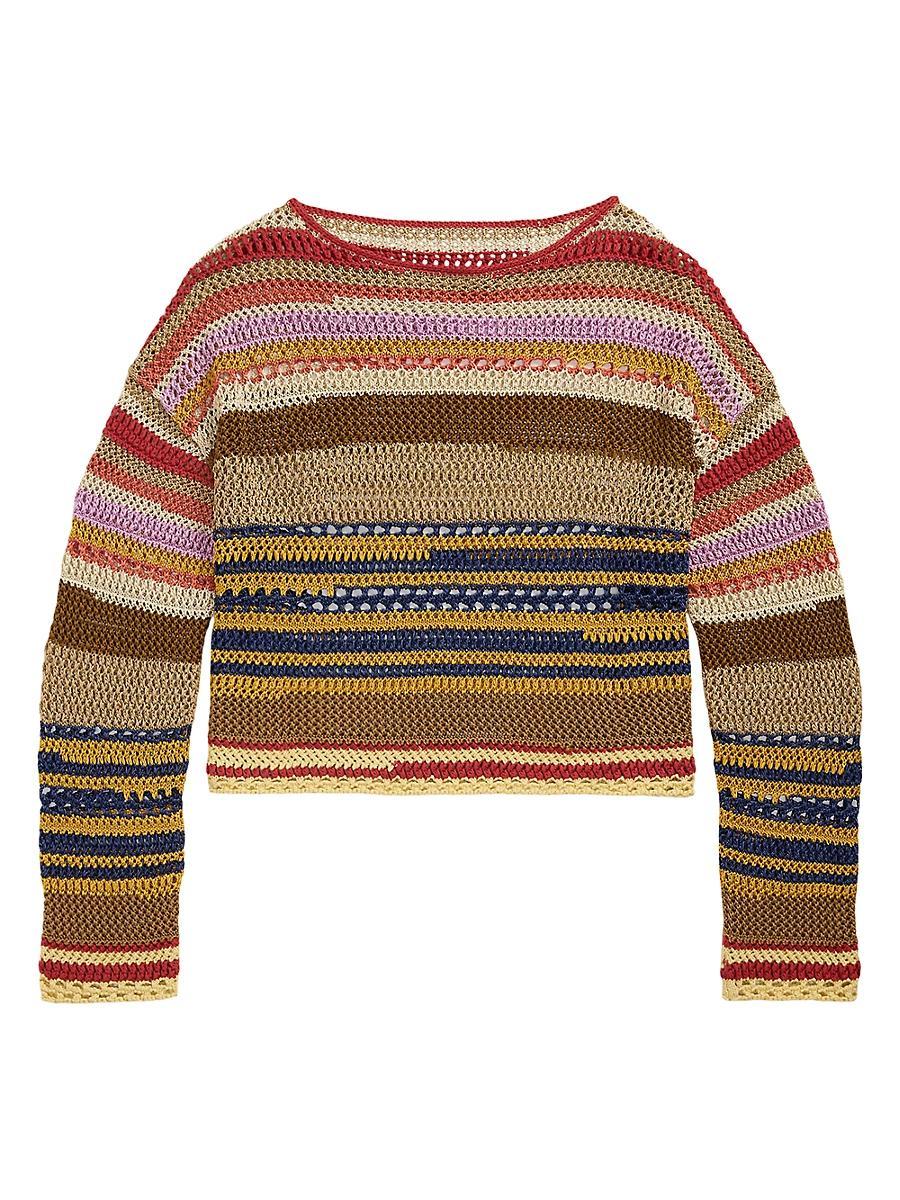 Womens Striped Linen-Blend Crochet-Knit Sweater Product Image