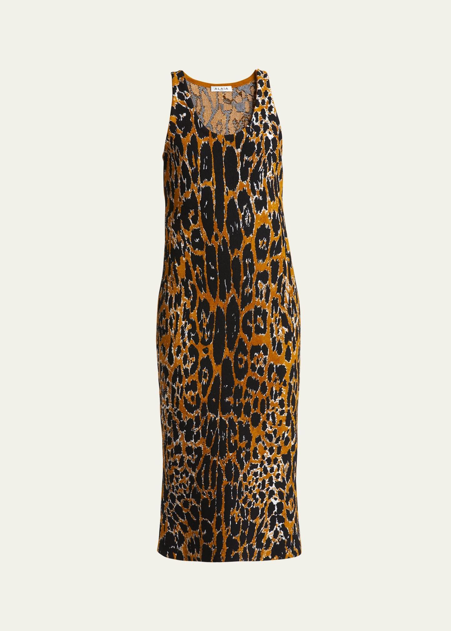 ALAÏA Leopard Printed Jacquard Knit Maxi Dress In Animal Product Image