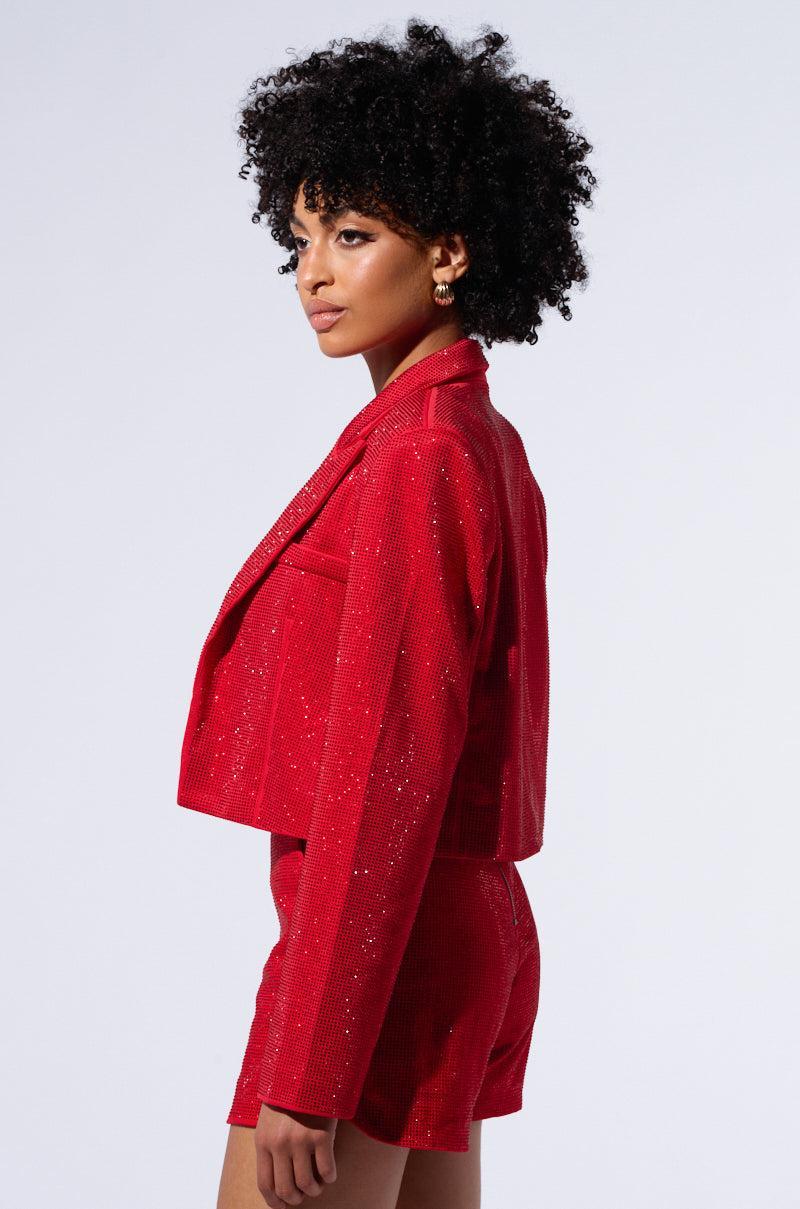 POP STAR HOT FIX RHINESTONE CROPPED BLAZER IN RED Product Image