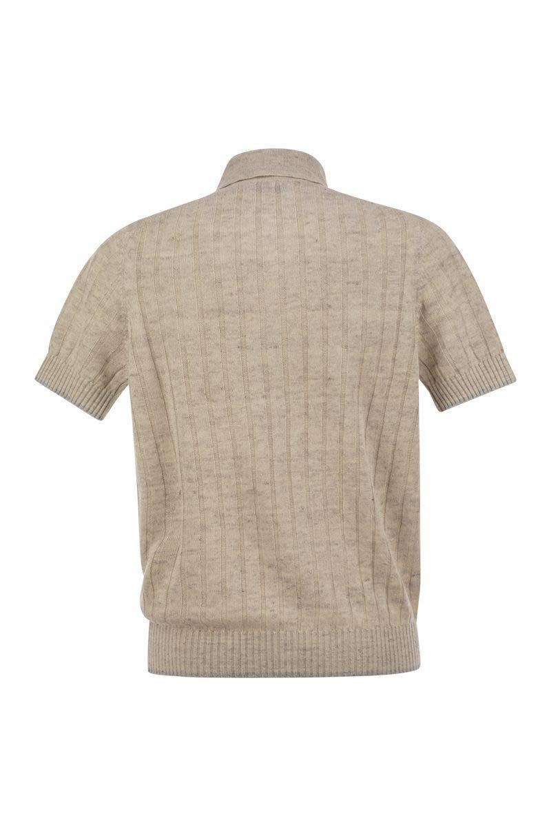 BRUNELLO CUCINELLI Linen And Cotton Knit Polo Shirt With Contrasting Detail In Brown Product Image