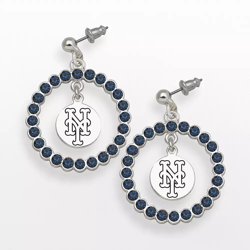LogoArt New York Mets Silver Tone Crystal Logo Charm Hoop Drop Earrings, Women's, Montana Blue Product Image