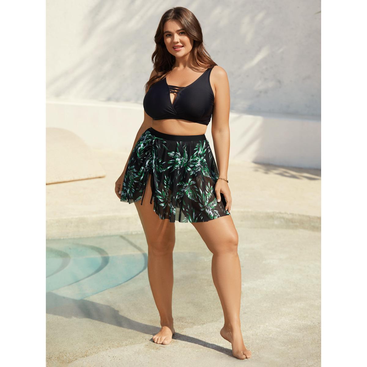 Plus Size Tropical Print Sheer Tied Swim Bottoms Women's Swimwear Truegreen Beach Drawstring High stretch Bodycon High Rise Curve Swim Bottoms BloomChic 30/6X Product Image