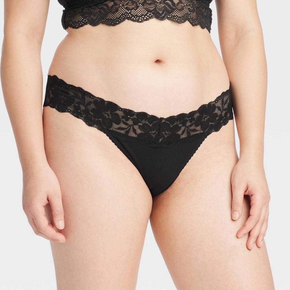 Women's Cotton Comfort Thong Underwear - Auden™ Black S: Mid Rise, Lace, Pull-On, Lightweight Fabric Product Image