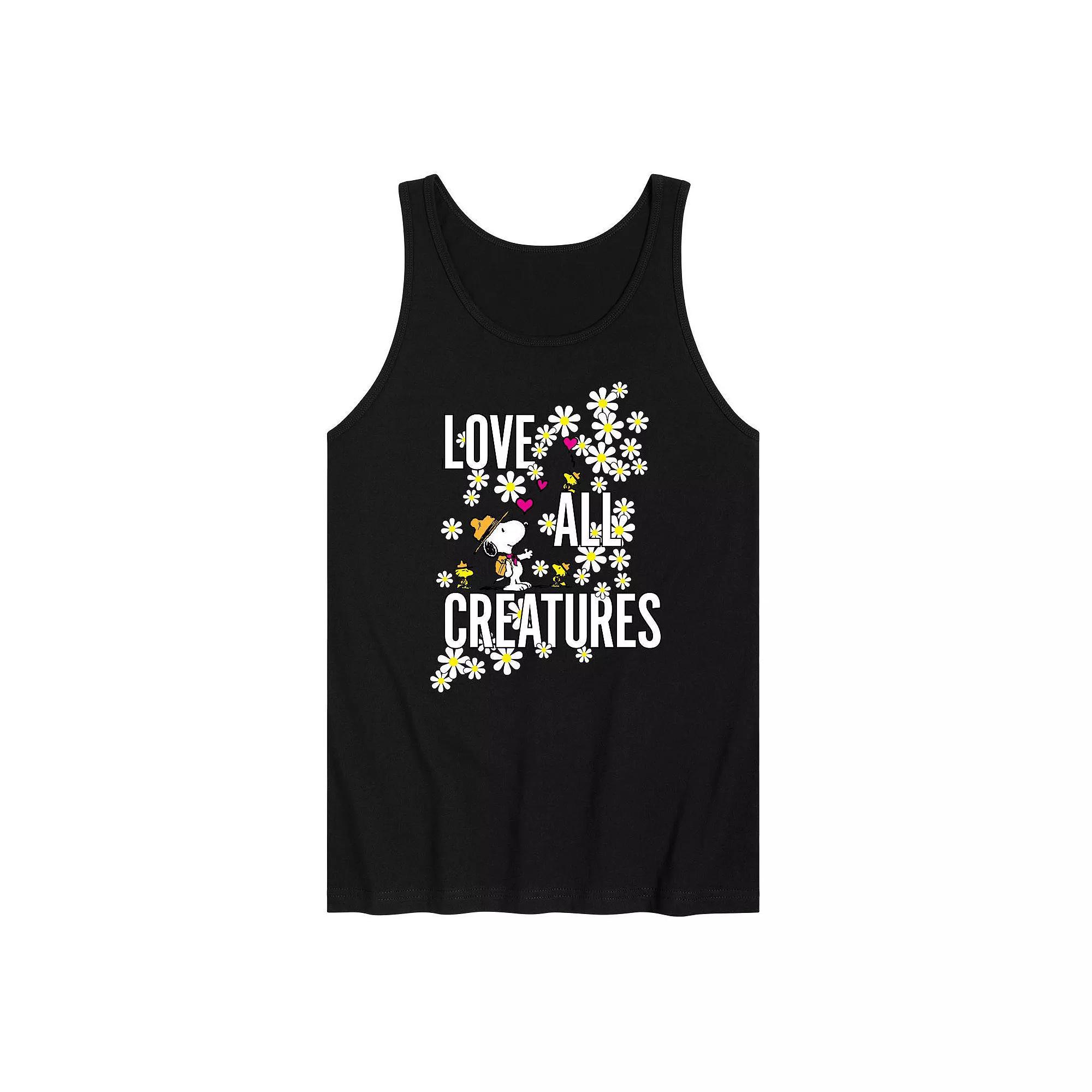 Mens Peanuts Snoopy Woodstock Love All Creatures Graphic Tank Top Product Image