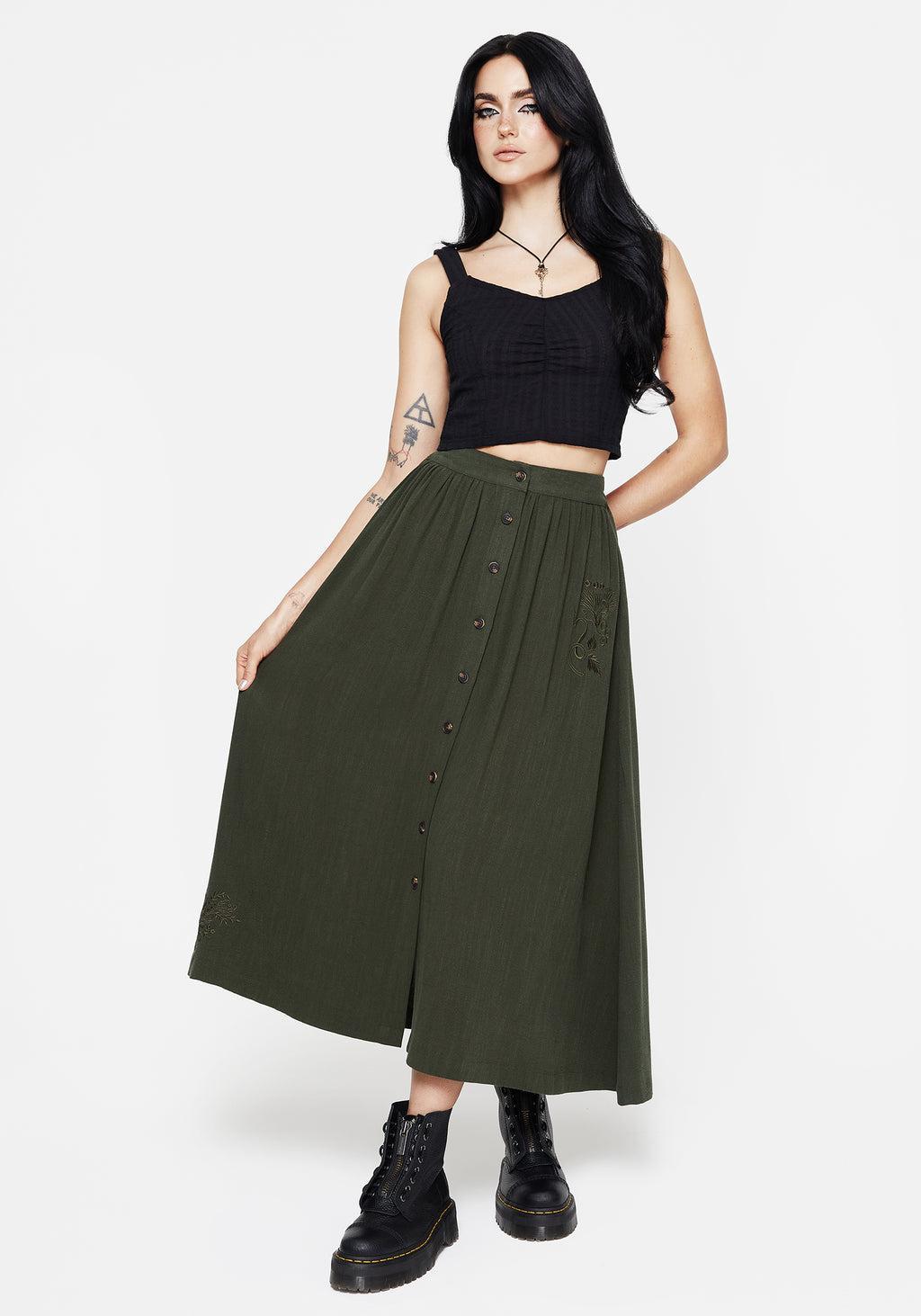 Foliate Linen-Blend Embroidered Button Up Midaxi Skirt - Green Product Image