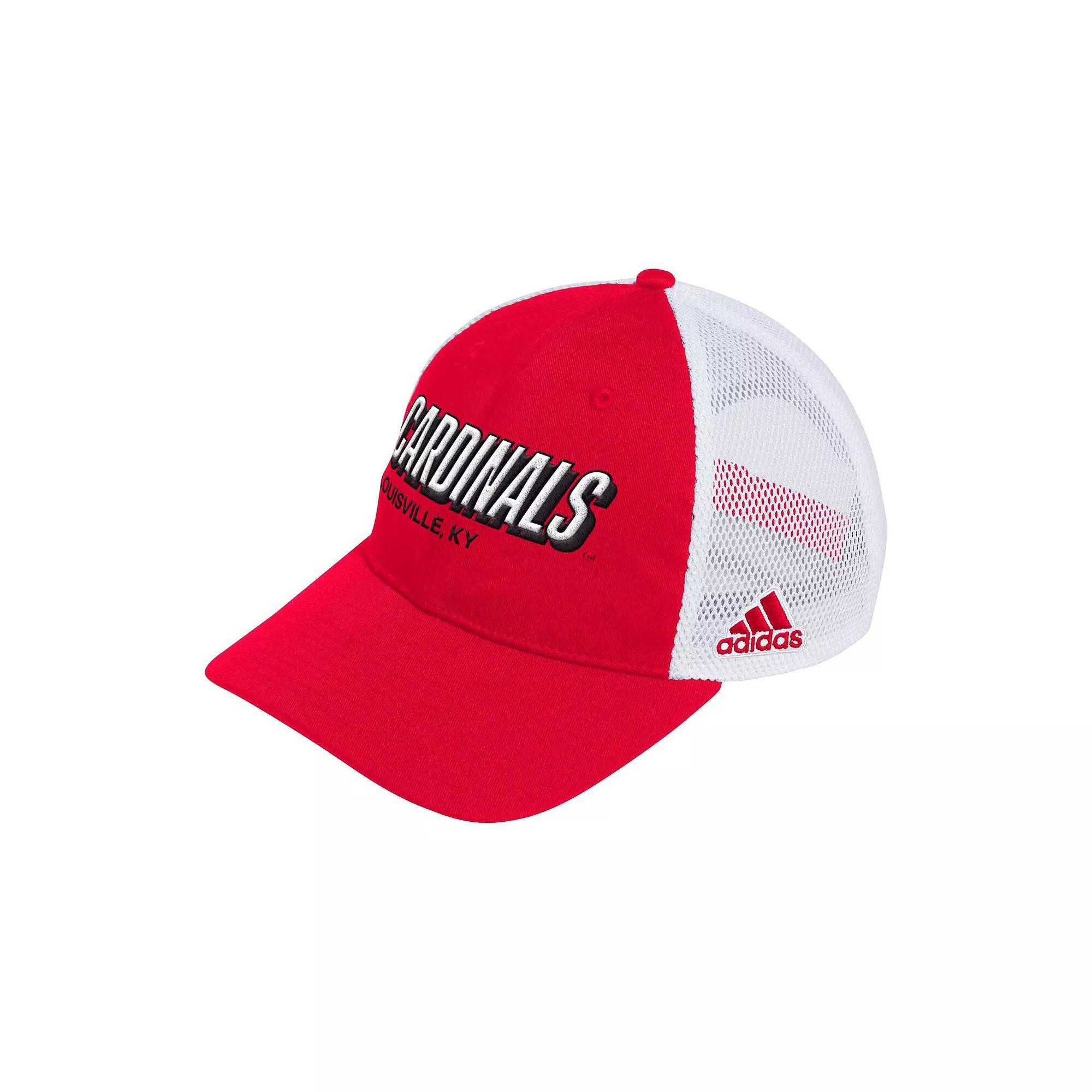 Men's adidas Red Louisville Cardinals Mascot Block Letter Slouch Trucker Adjustable Hat Product Image