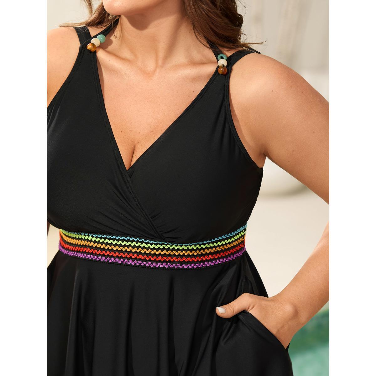 Plus Size Colorful Webbed Pockets Adjustable Swim Dress Women's Swimwear Black Beach Bodycon Overlap Collar High stretch Curve Swim Dresses BloomChic 28/5X Product Image