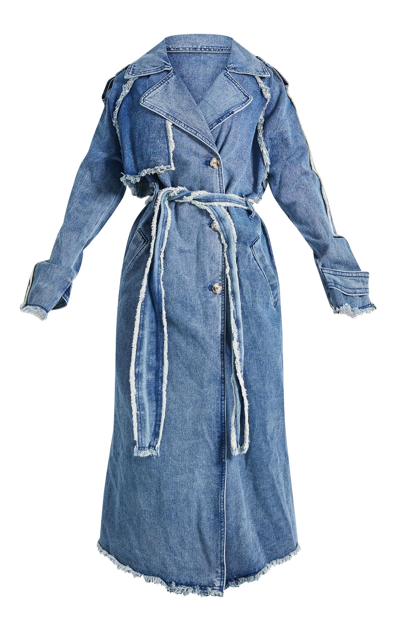 Petite Mid Blue Wash Denim Frayed Edge Maxi Trench Coat Product Image