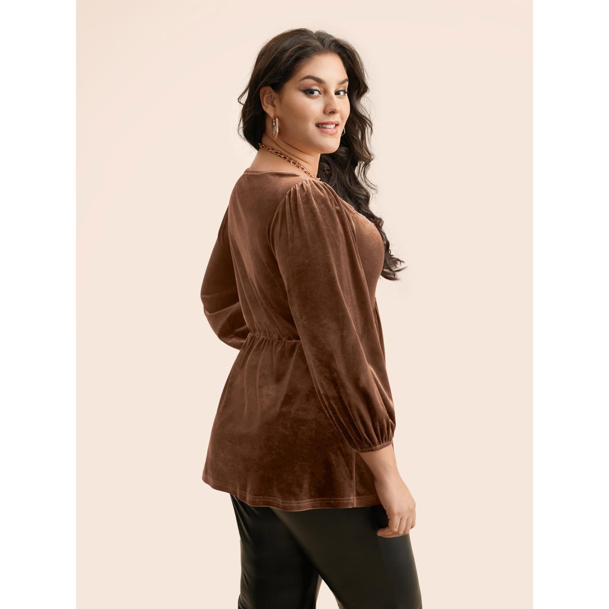 Plus Size DarkBrown Velvet Heart Neckline Gathered Blouse Women Elegant Three Quater Length Sleeve Heart neckline Everyday Blouses BloomChic 10/M Product Image