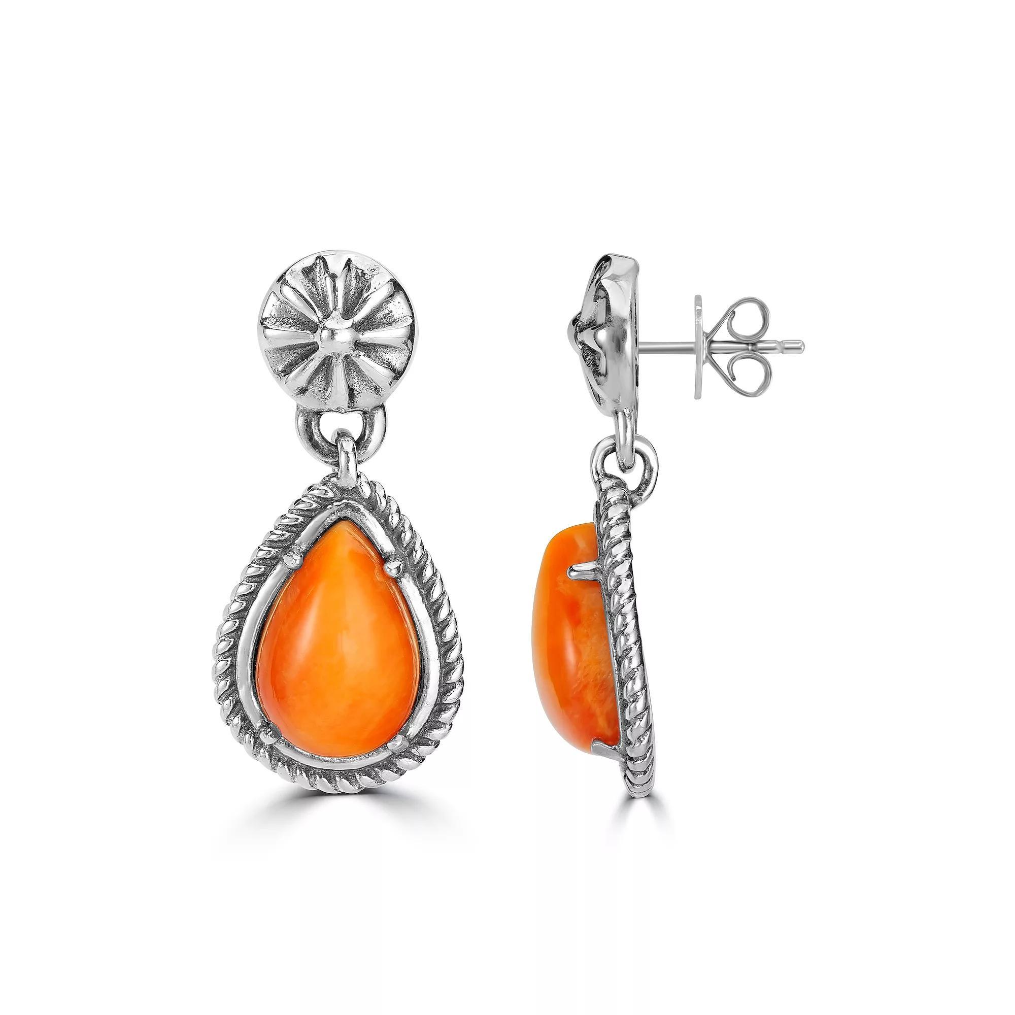 Southwest Spirit® Sterling Silver and Stone Pear Drop Earrings, Women's, Orange Spiny Oyster Product Image