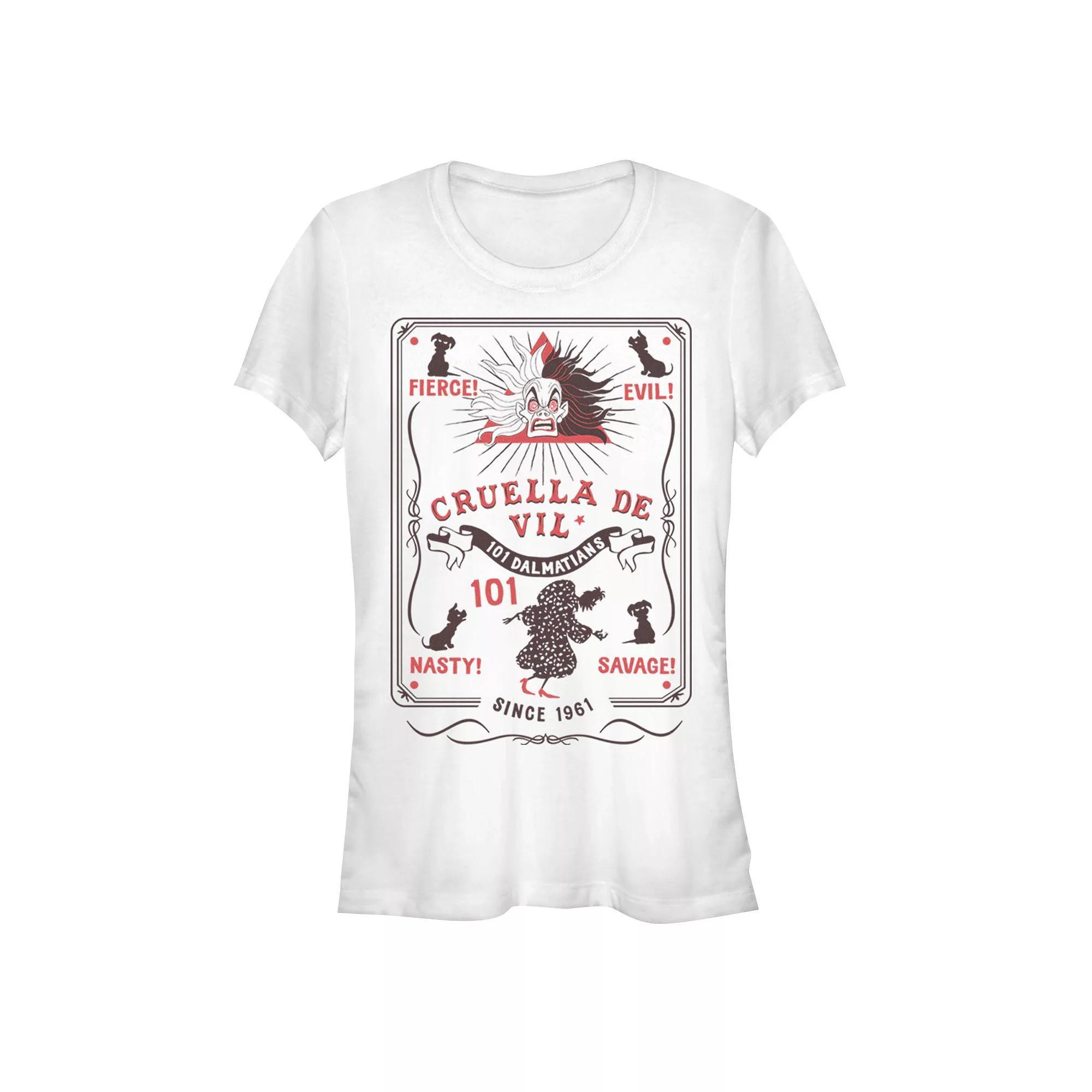 Disney Villains 101 Dalmatians Cruella De Vil Poster Juniors' Fitted Graphic Tee, Girl's, Size: XL, White Product Image