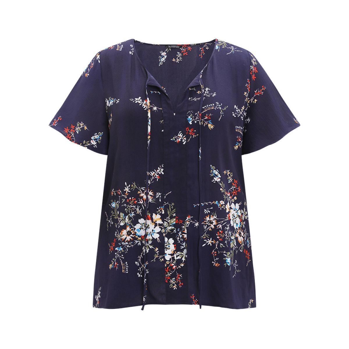 Plus Size Blue Floral Print Knot Neck Blouse Women Elegant Short sleeve Tie Neck Dailywear Blouses BloomChic 22-24/3X Product Image