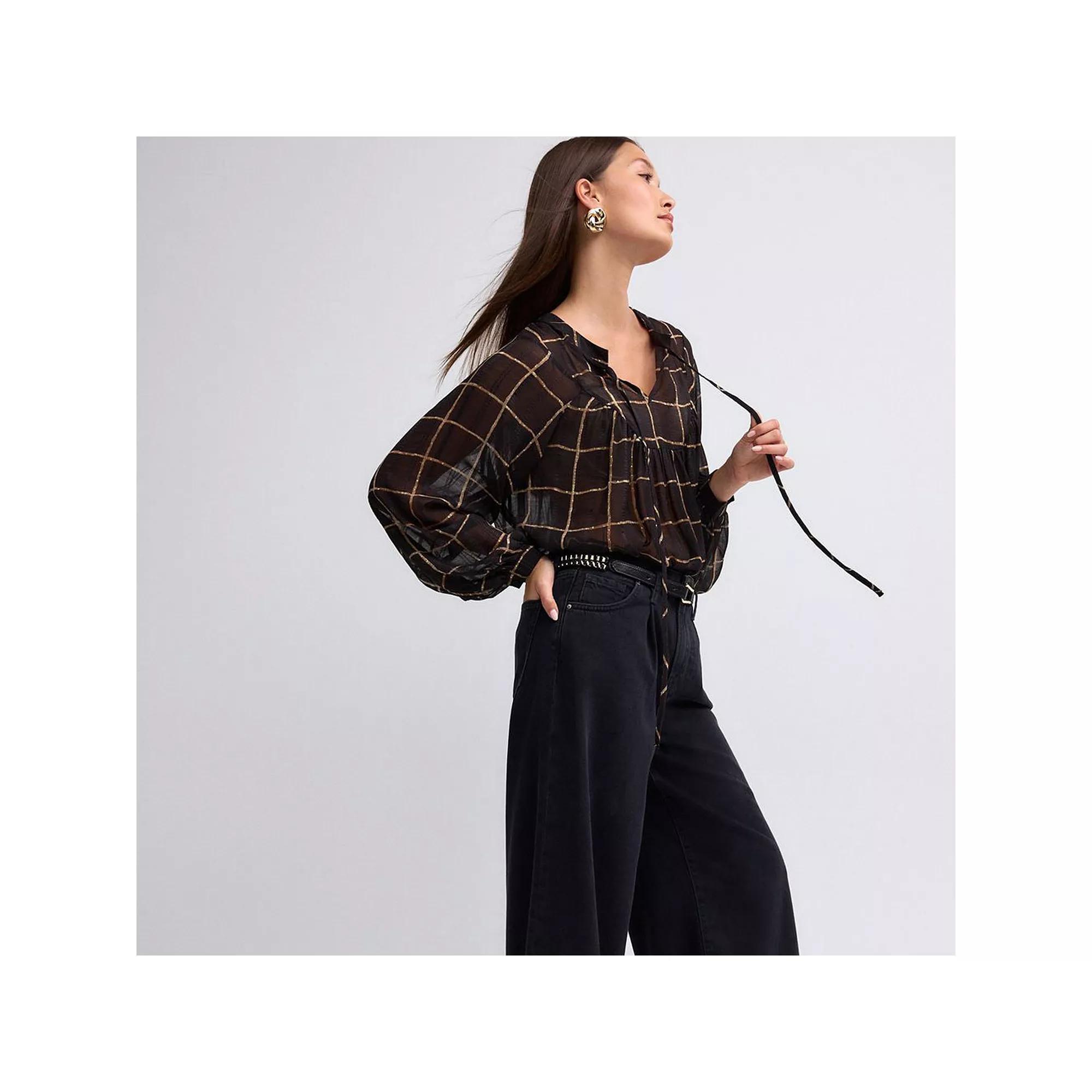 Women's NEXT Long Sleeve Metallic Tie Neck Blouse, Size: 14, Black Product Image
