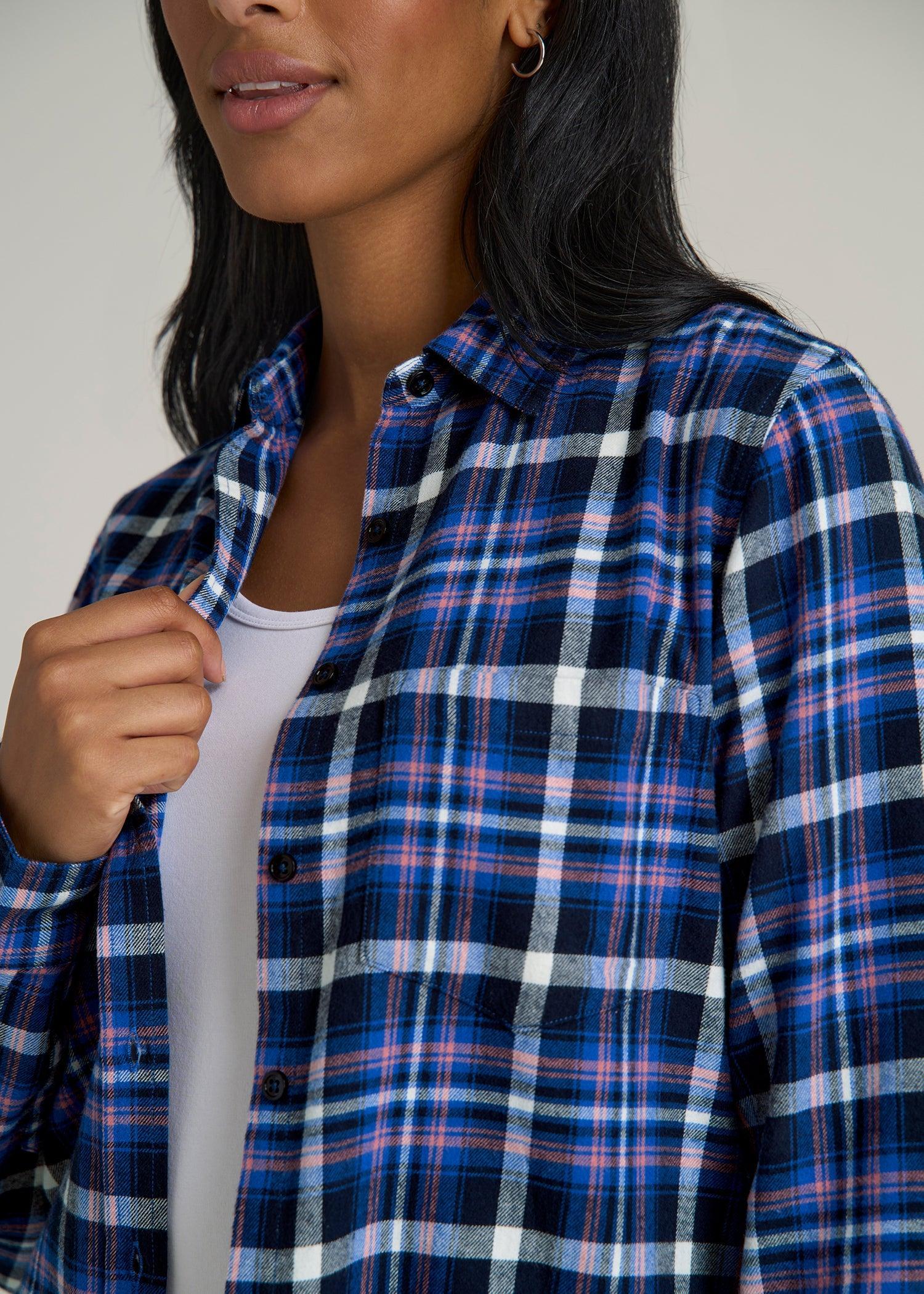 Flannel Button-Up Shirt for Tall Women in Cobalt, Navy, and Peach Plaid Product Image