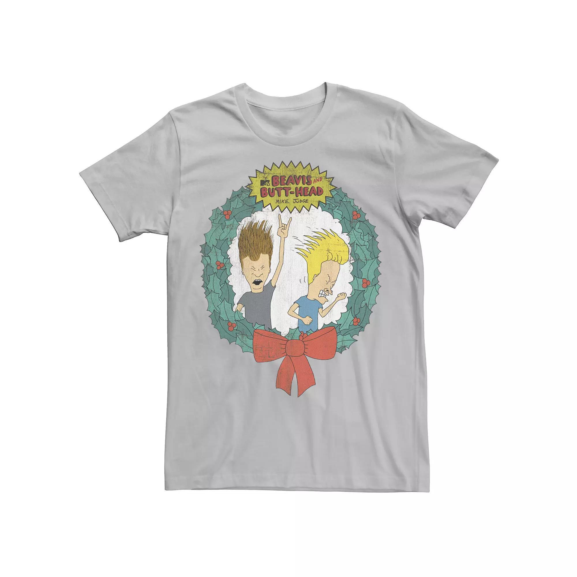 Men's Cartoon Network Beavis and Butthead Christmas Wreath Tee, Size: Medium, Kelly Grey Product Image