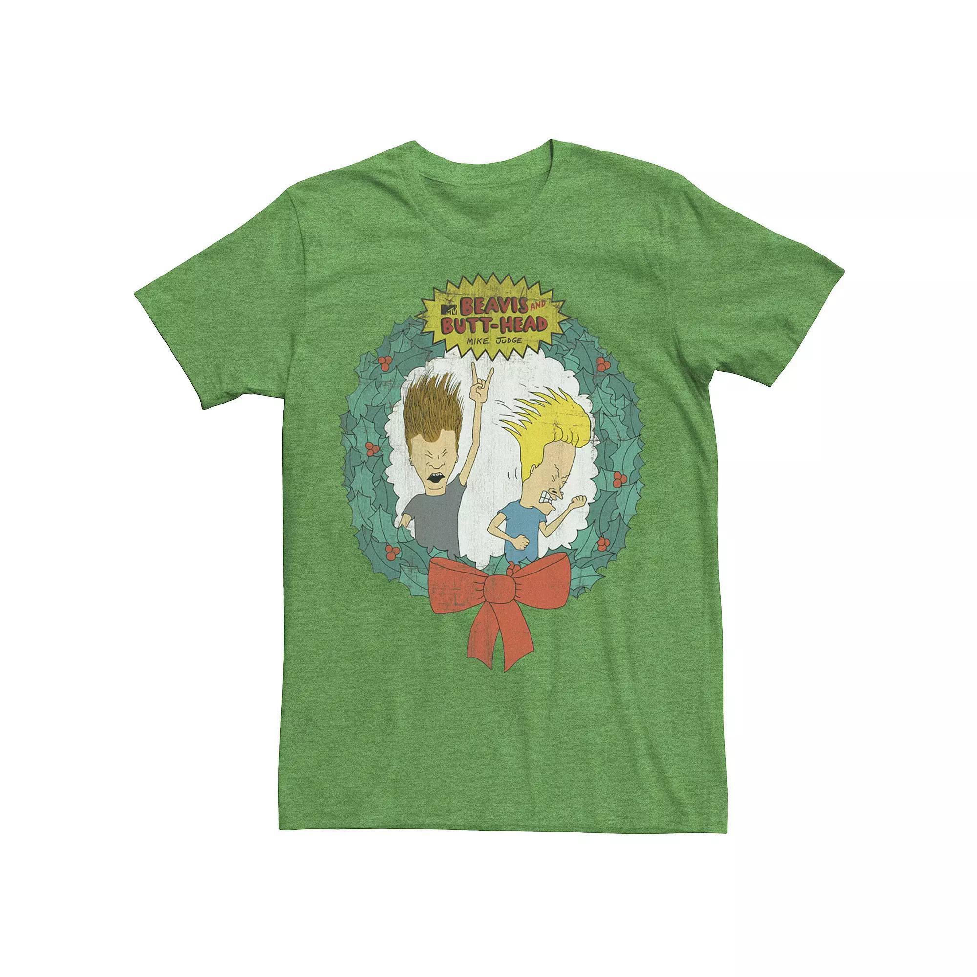 Men's Cartoon Network Beavis and Butthead Christmas Wreath Tee, Size: Medium, Kelly Grey Product Image