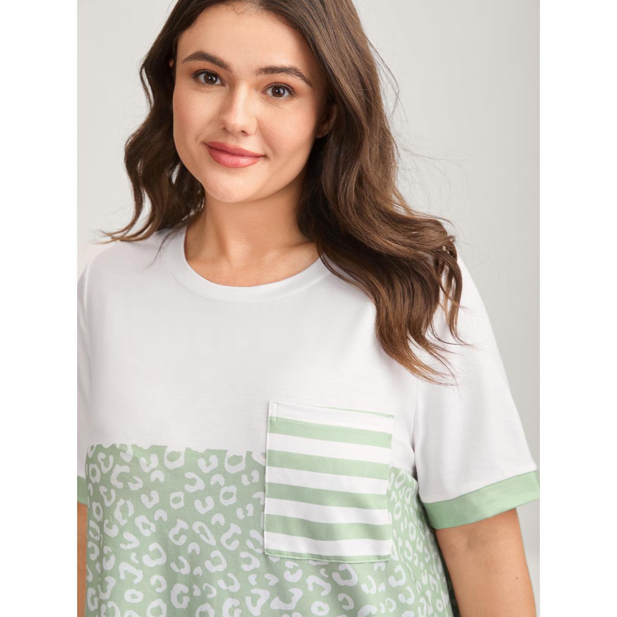 Plus Size Leopard Print Color Contrast T-Shirt Greenbean Women Contrast Round Neck Everyday-Casual T-shirts BloomChic 26/4X Product Image