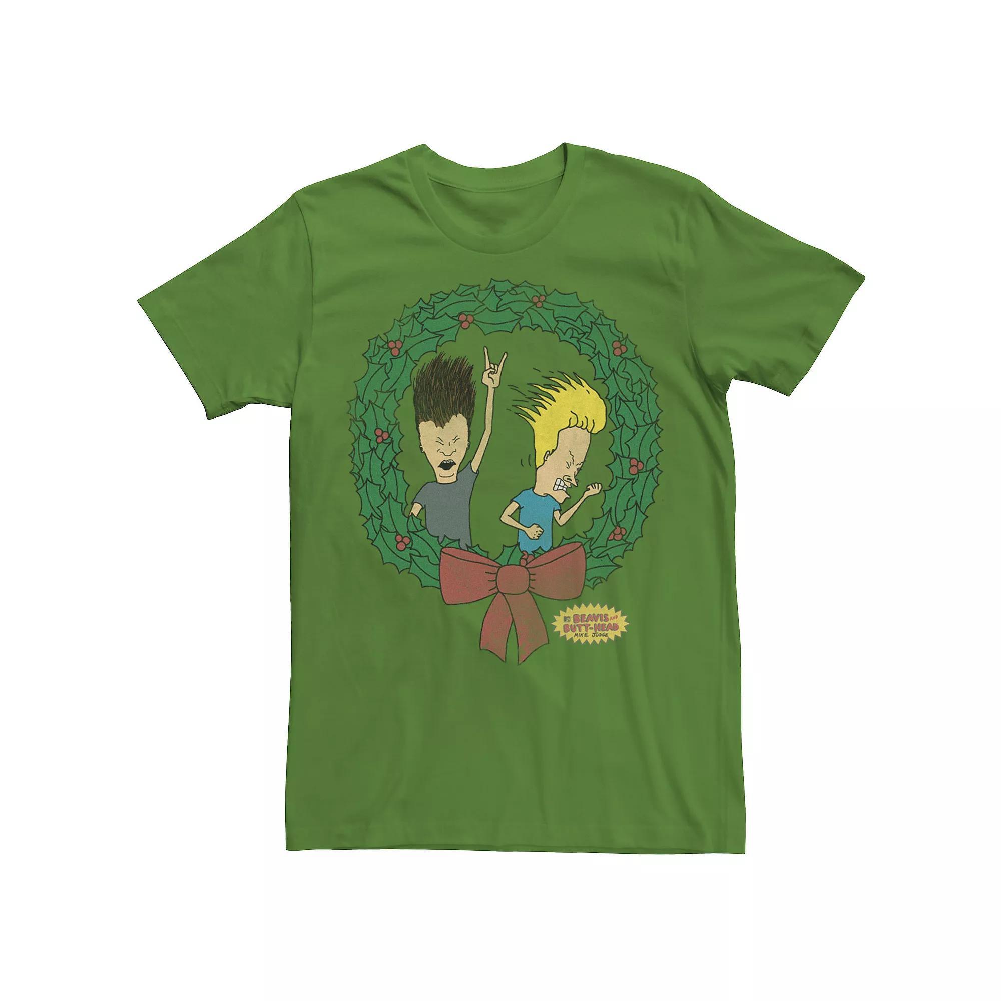 Men's Beavis and Butthead Rock On Christmas Wreath Tee, Size: Medium, Kelly Product Image
