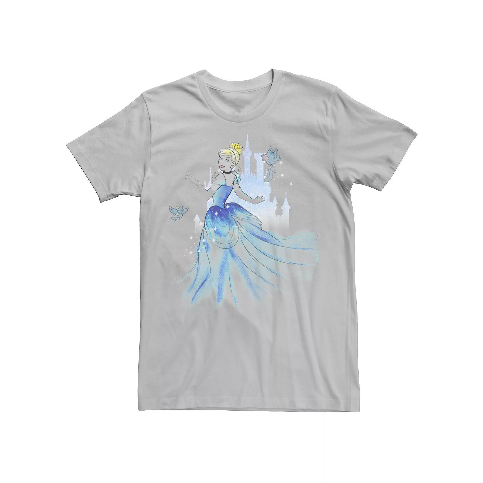 Disney's Cinderella Birds & Castle Watercolor Art Men's Tee, Size: Small, Silver Product Image