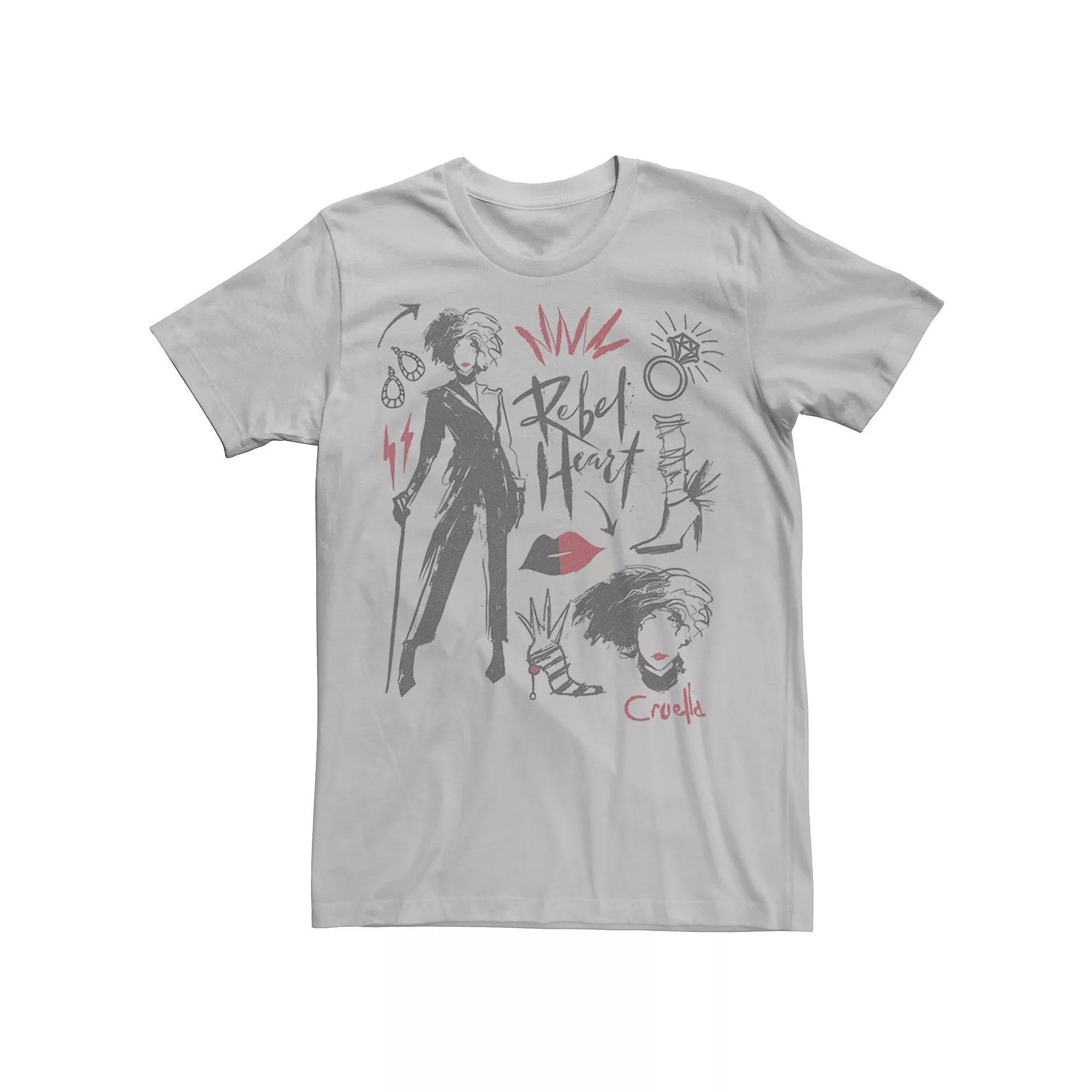Disney's Cruella De Vil Men's Rebel Heart Collage Sketches Tee, Size: XL, White Product Image
