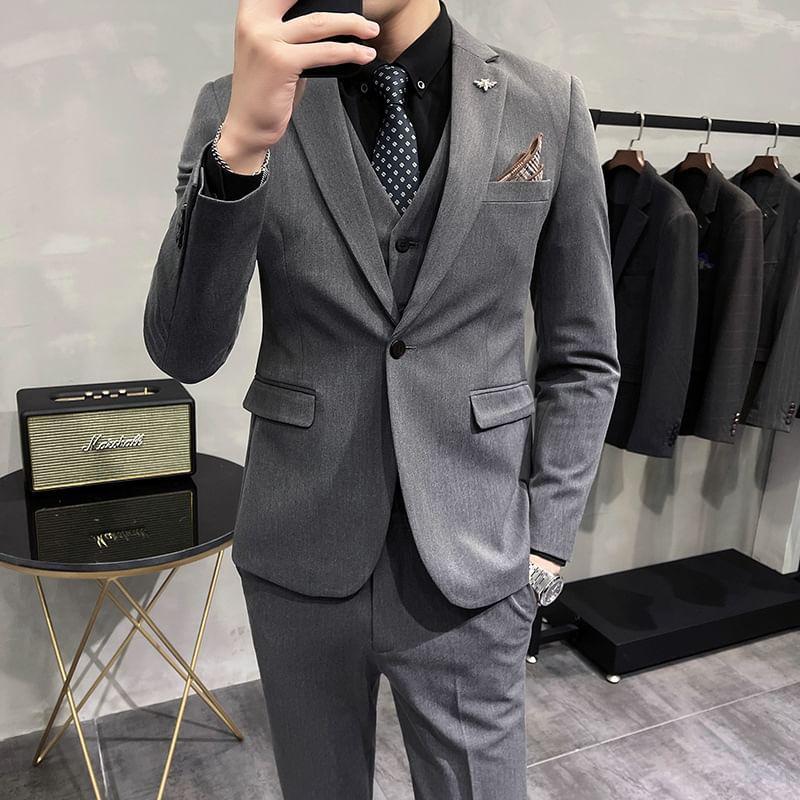 Plain Blazer / V-Neck Button-Up Vest / High Waist Straight Leg Dress Pants / Set Product Image