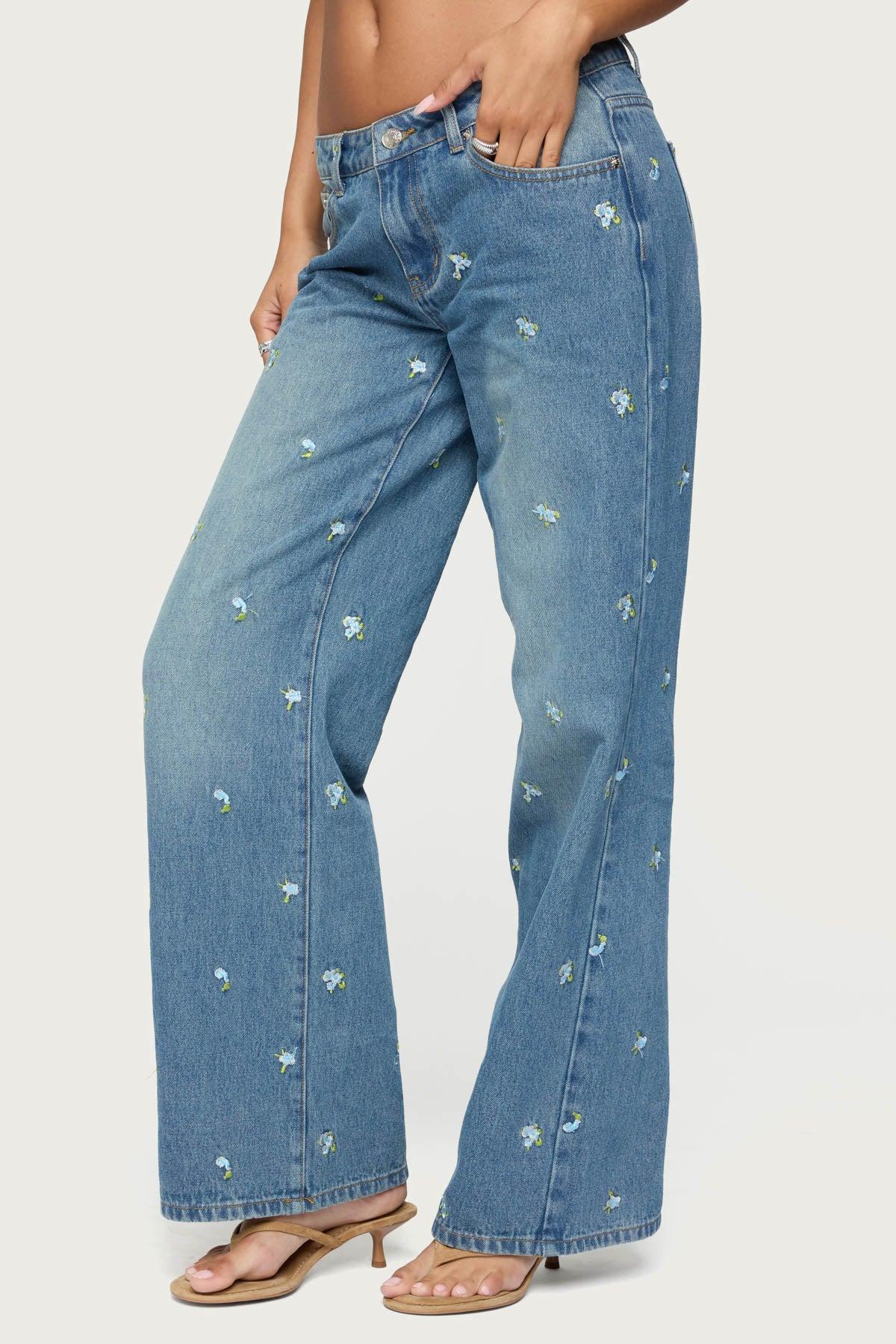 Edna Floral Embroidered Low Rise Jeans Product Image