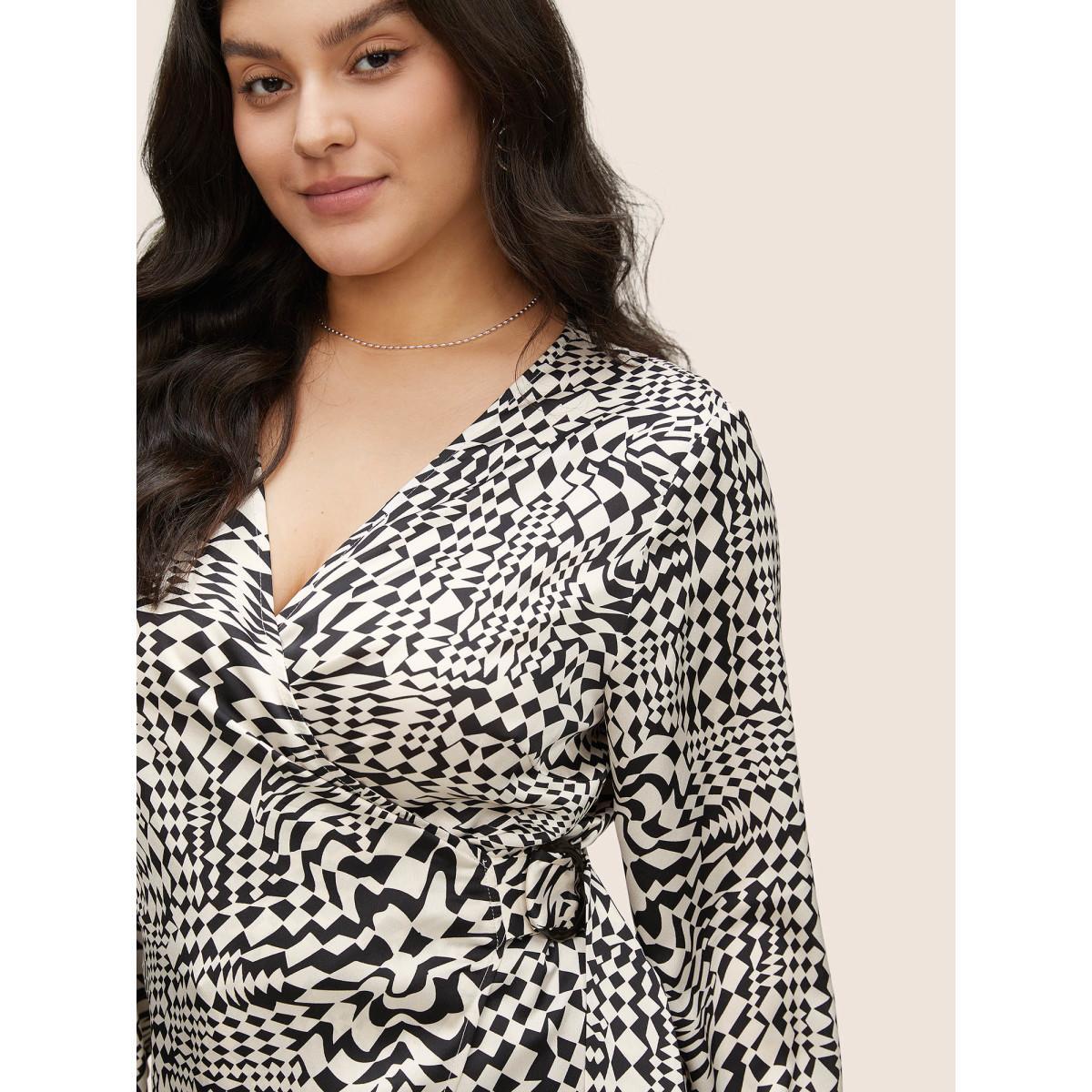 Plus Size Black Asymmetrical Geometric Wrap Button Detail Blouse Women At the Office Long Sleeve Overlap Collar Work Blouses BloomChic 28/5X Product Image