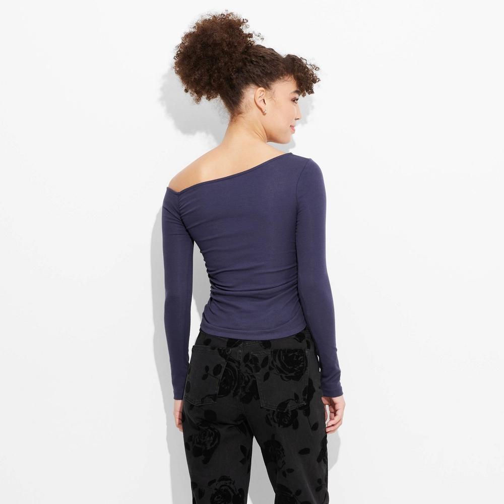 Womens Long Sleeve One Shoulder Top - Wild Fable Navy Blue XXS: Slim Fit, Asymmetrical Neckline, Ribbed Pullover Blouse Product Image