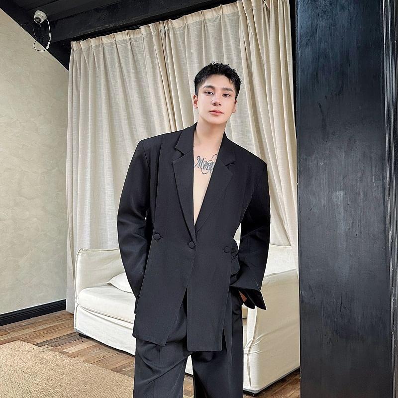 Set: Lapel Collar Plain Slit Button Blazer + Mid Rise Plain Dress Pants Product Image