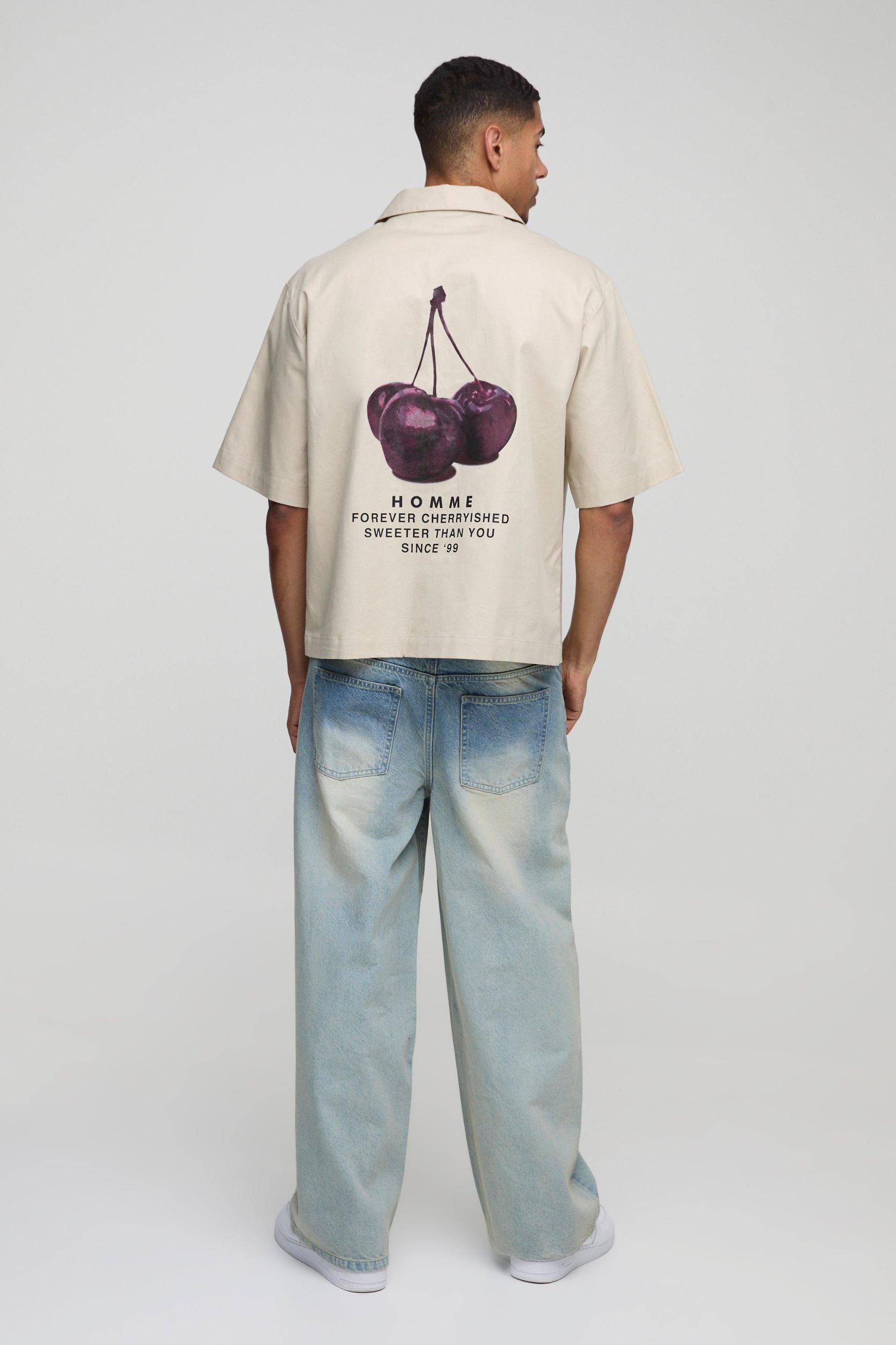 Oversized Cherry Printed Revere Collared Shirt | boohooMAN USA Product Image