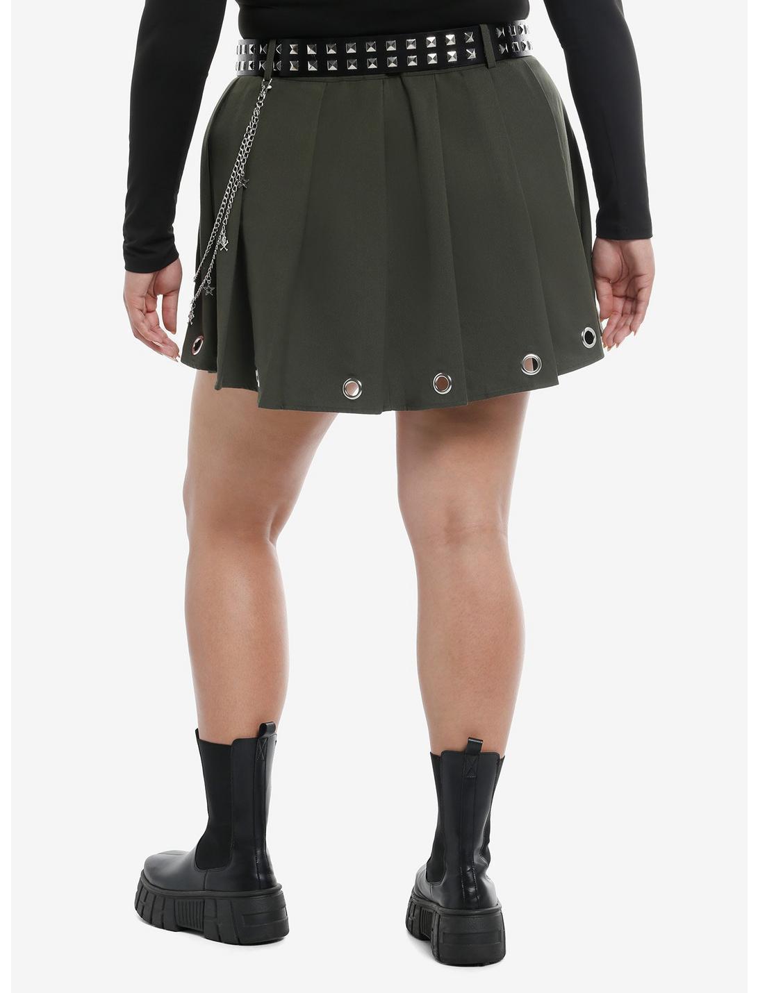 Social Collision Olive Grommet Pleated Skirt With Belt Plus Size Product Image