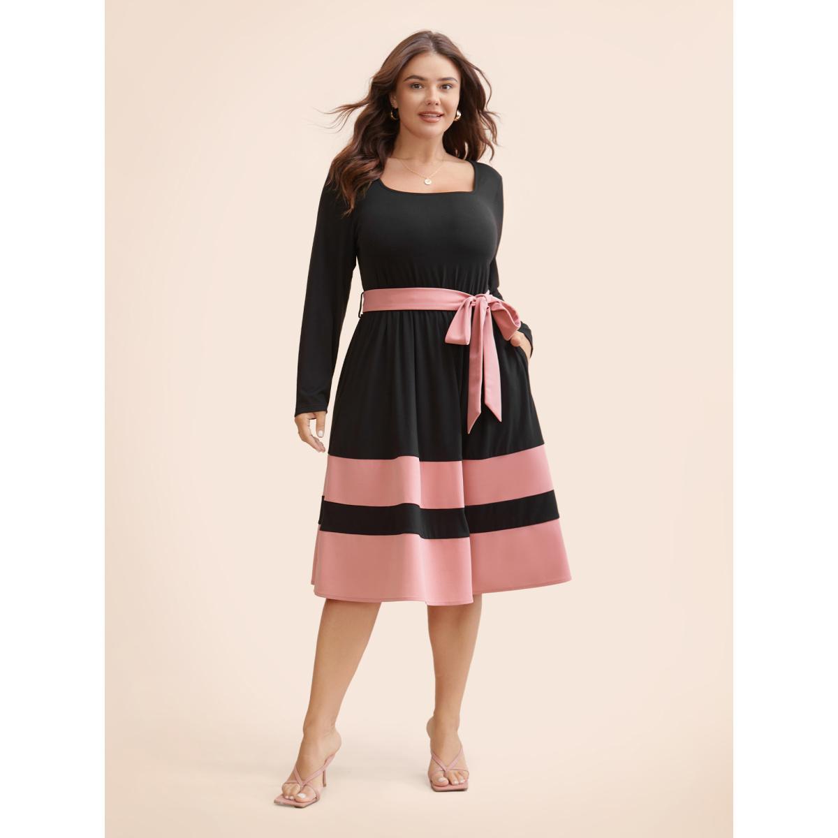 Plus Size Two Tone Belted Bowknot Square Neck Dress Black Women Elegant Non Square Neck Long Sleeve Curvy Knee Dress BloomChic 18-20/2X Product Image