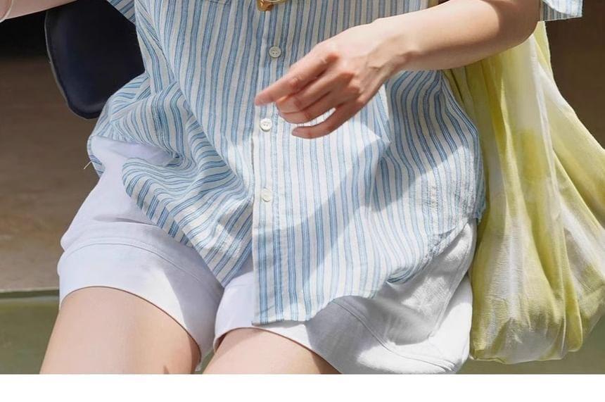 Elbow-Sleeve Striped Button-Up Shirt Product Image
