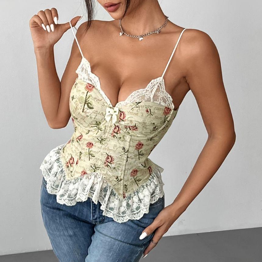 V-Neck Floral Jacquard Lace Panel Bow Accent Corset Top Product Image