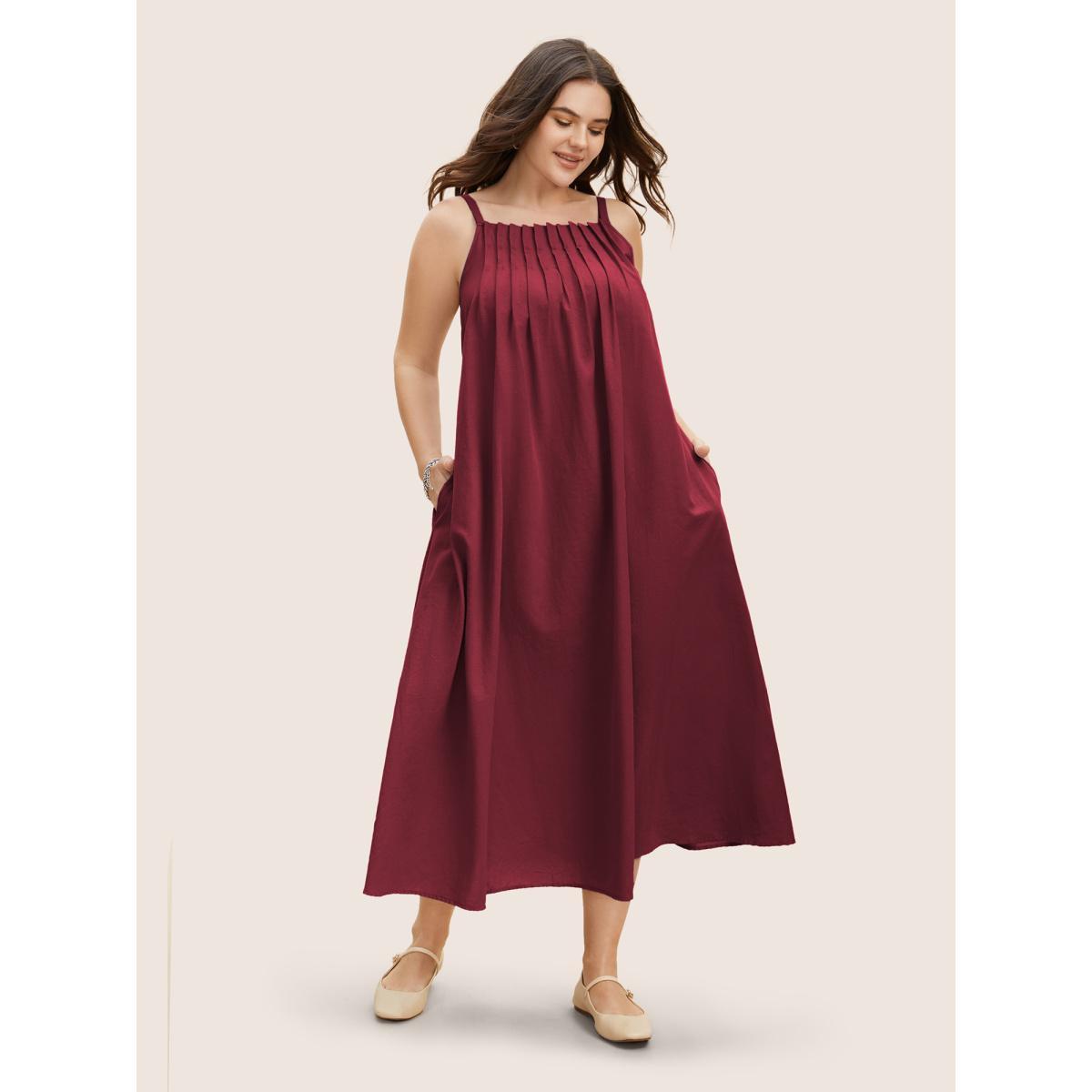 Plus Size Cotton Plain Pleated Loose Fit Cami Dress RedViolet Women Casual Ruffles Non Sleeveless Curvy BloomChic 28/5X Product Image