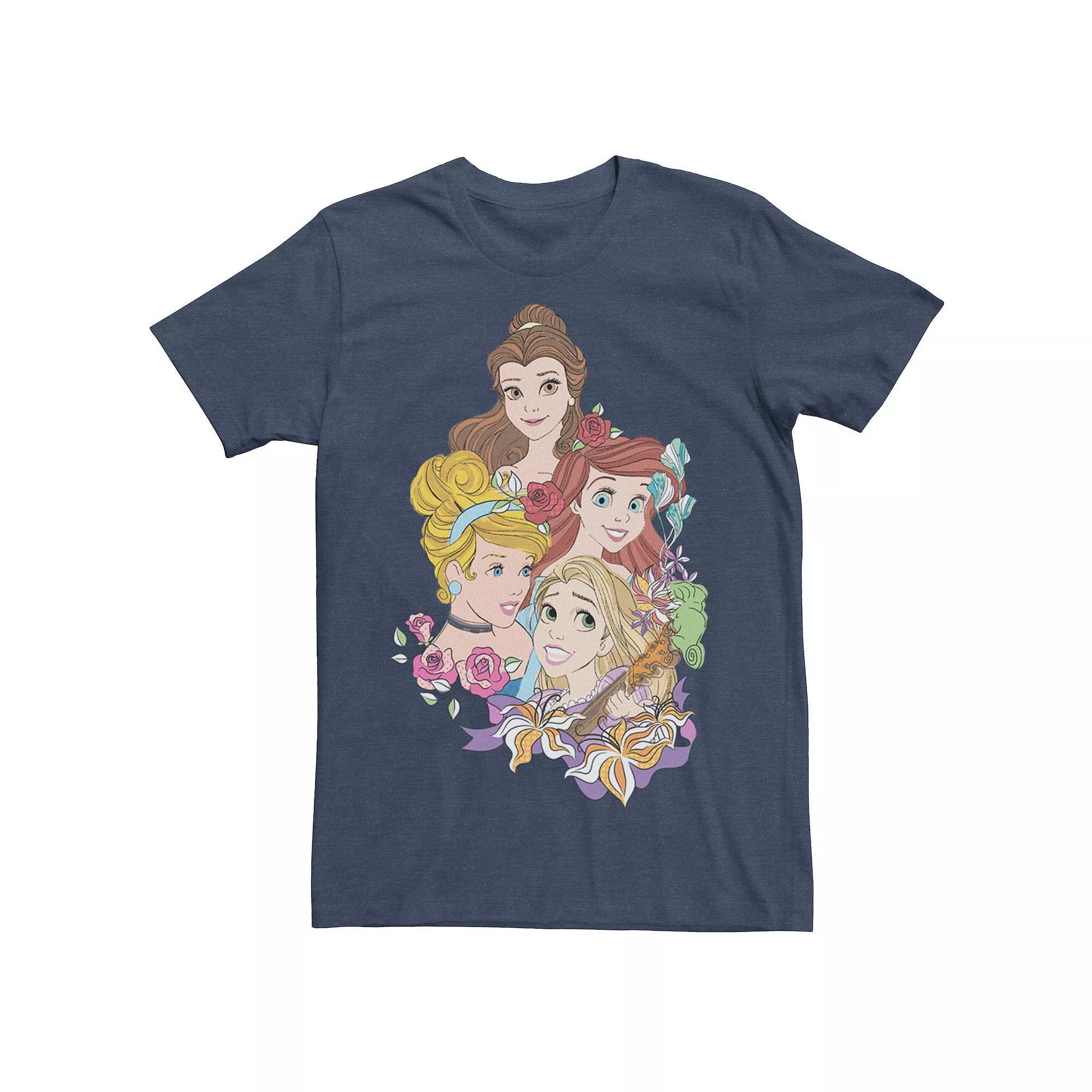 Men's Disney Princesses Floral Belle Cinderella Ariel Rapunzel Tee, Size: XL, Blue Hthr Product Image