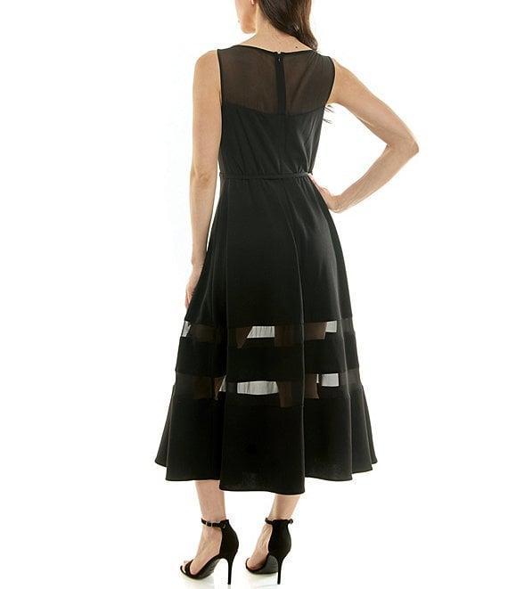 Moda Tara Stretch Crepe Illusion Chiffon Fit And Flare Sleeveless Midi Dress Product Image