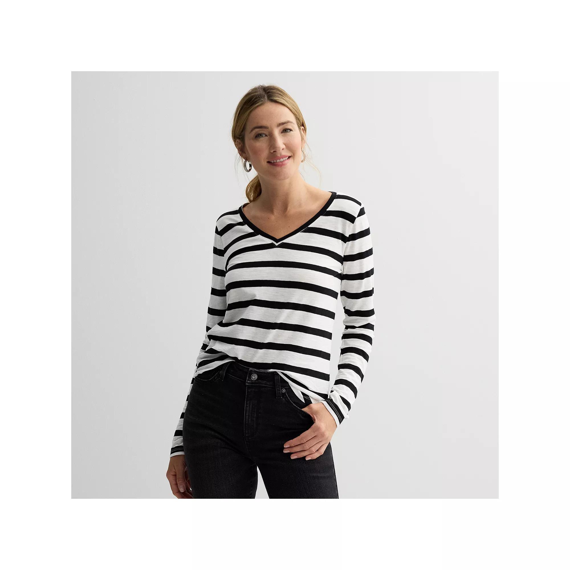 Women's Sonoma Goods For Life® Everyday Long Sleeve V-Neck Tee, Size: Small, Black Ecru Stripe Product Image