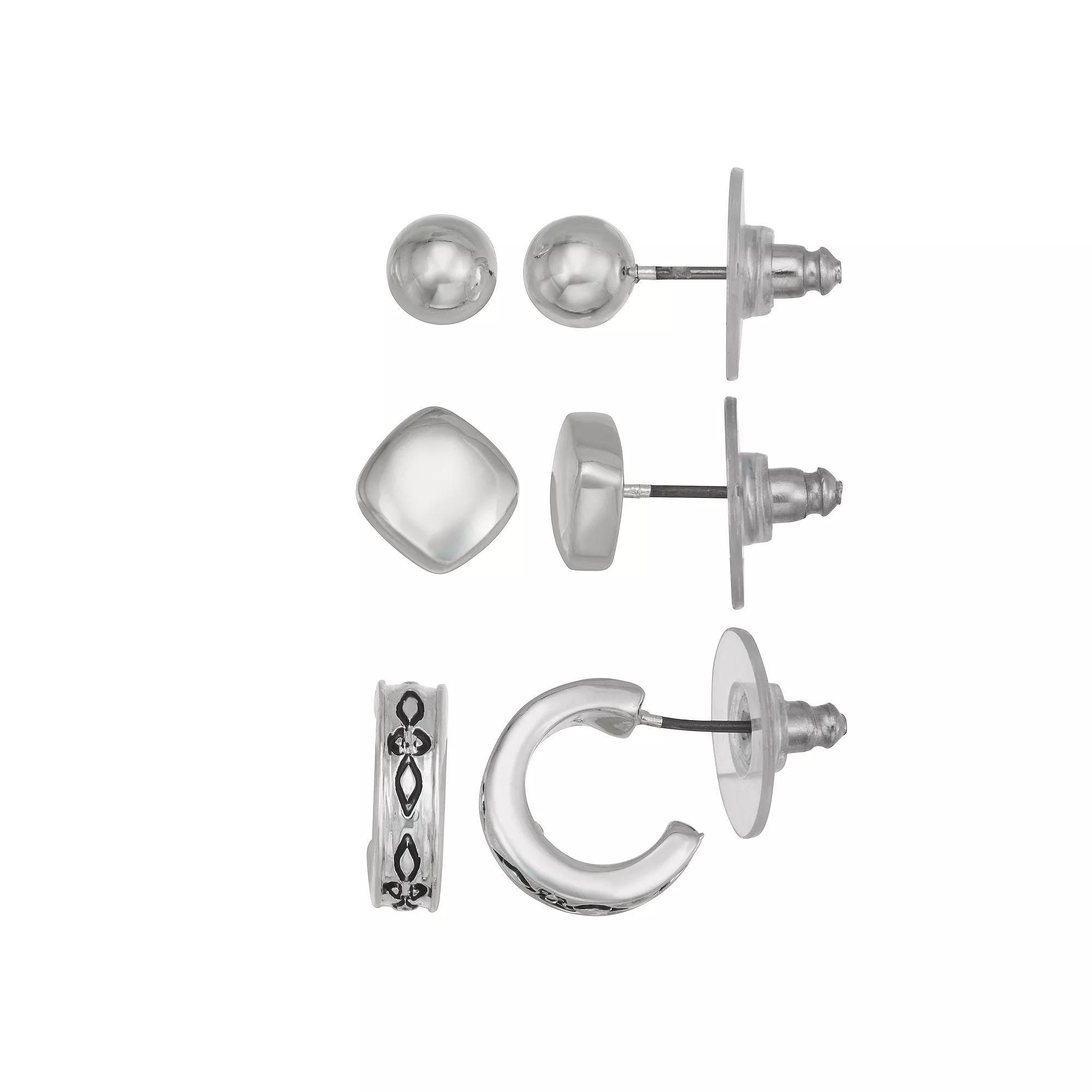 Napier Silver Tone West Stud Hoop Earring Trio Set, Womens Product Image
