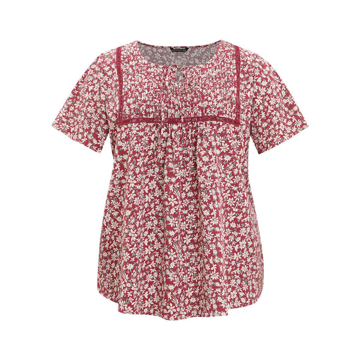 Plus Size RedViolet Ditsy Floral Lace Gathered Tie Neck Blouse Women Elegant Short sleeve Tie Neck Dailywear Blouses BloomChic 10/M Product Image