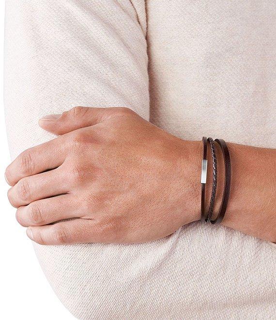 Fossil Men's Multi-Strand Silver-Tone Steel and Brown Leather Link Bracelet Product Image