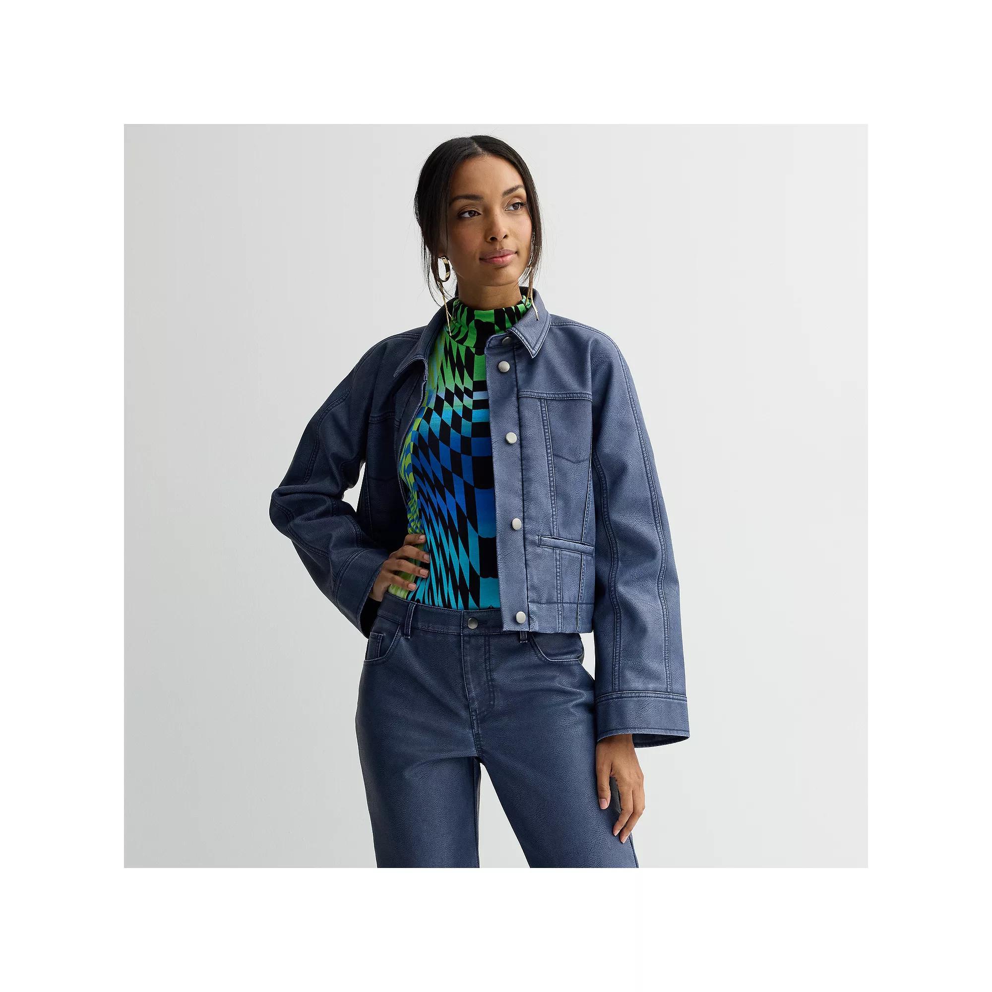 Women's INTEMPO™ Denim Colored Faux Leather Jacket, Size: Small, Blue Pleather Product Image