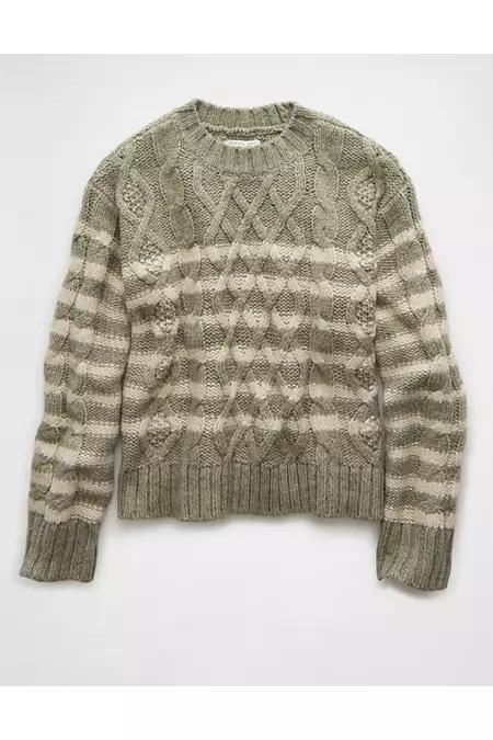 AE Striped Cable Knit Crew Neck Sweater Women's Product Image