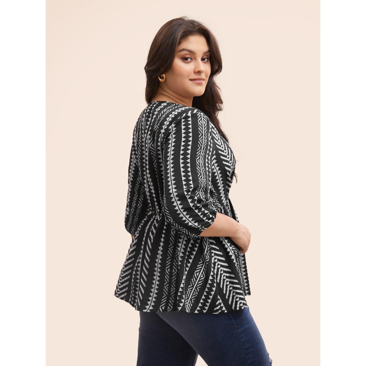 Plus Size Black Bandana Geometric Lantern Sleeve Gathered Blouse Women Resort Elbow-length sleeve V-neck Vacation Blouses BloomChic 18-20/2X Product Image