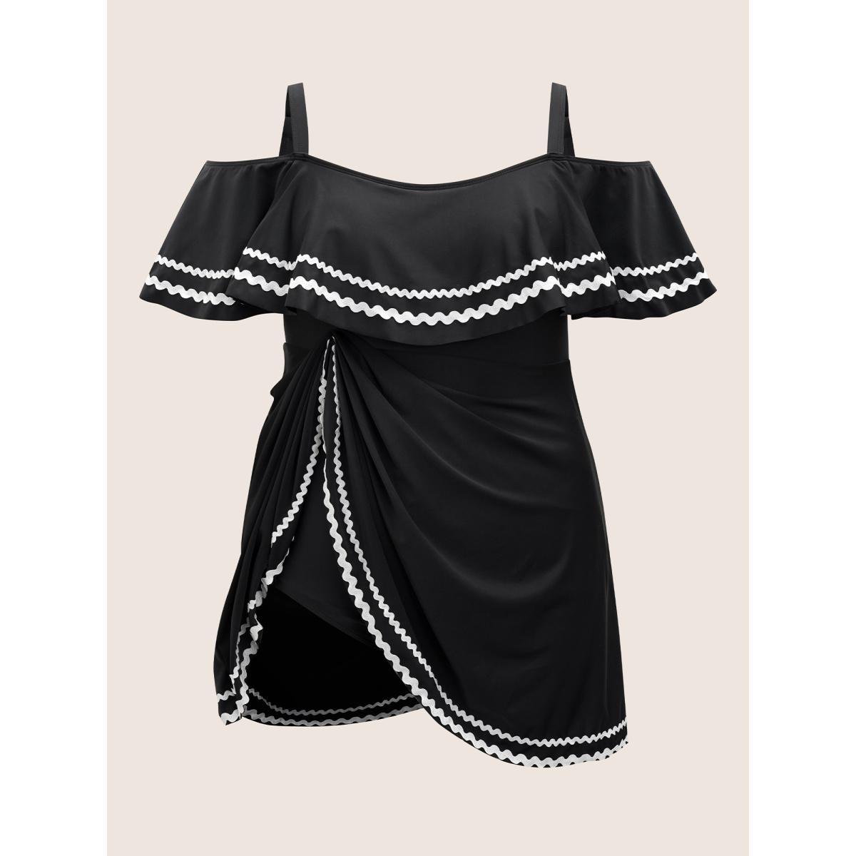 Plus Size One Shoulder Neck Woven Ribbon Swim Dress Women's Swimwear Black Beach Bodycon One-shoulder neck High stretch Curve Swim Dresses BloomChic 14-16/1X Product Image