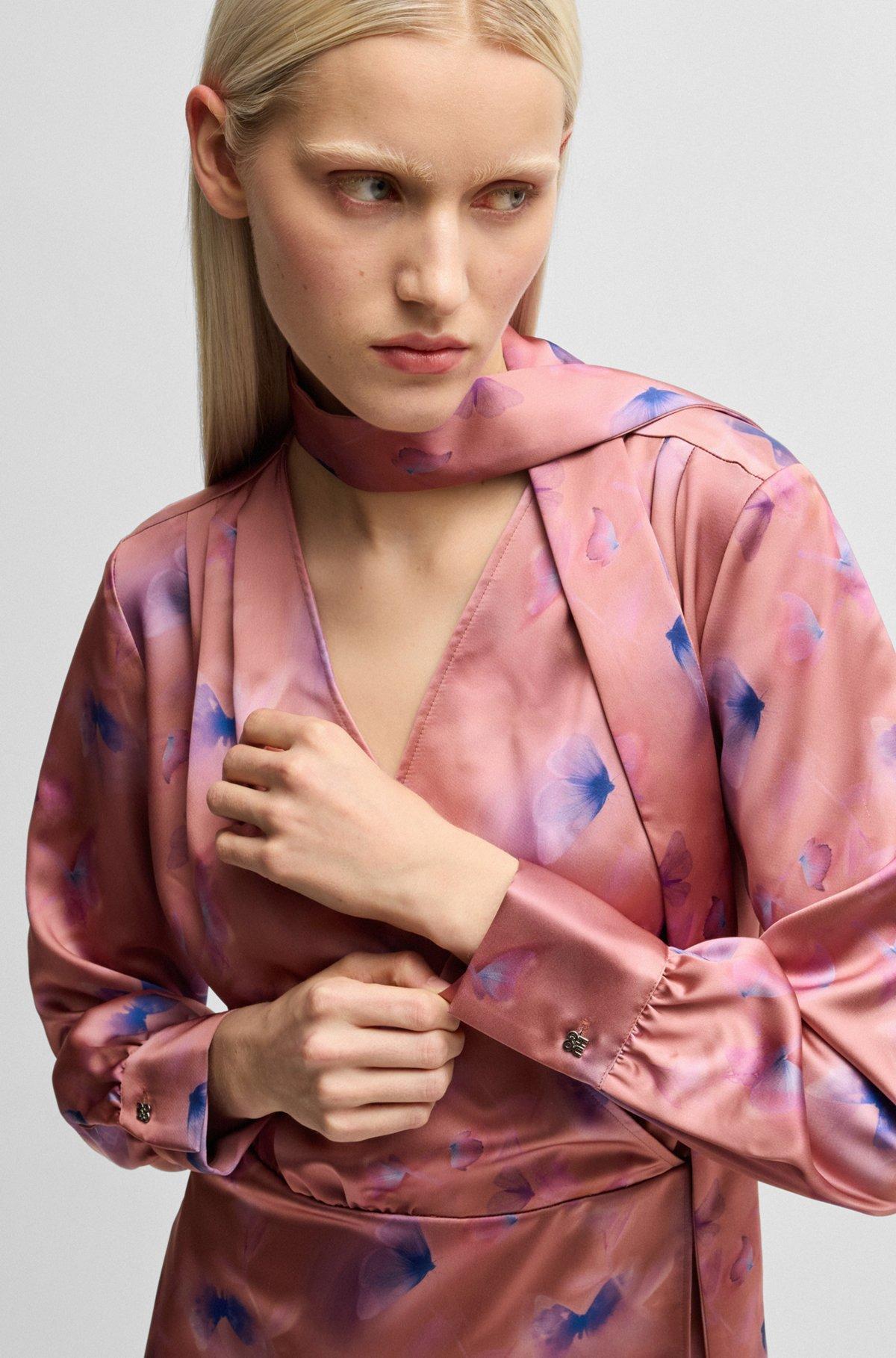 Wrap-front dress with butterfly print and button cuffs Product Image