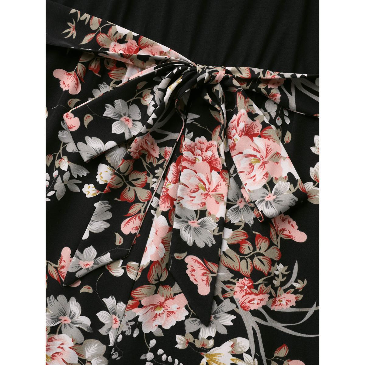 Plus Size Black Color Contrast Belted Panel Pockets Jumpsuit Women Elegant Short sleeve Square Neck Everyday-Elegant Loose Jumpsuits BloomChic 10/M Product Image