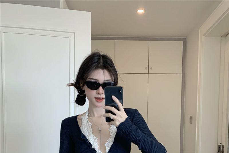 Halter-Neck V-Neck Lace Top / High Waist Wide Leg Pants / V-Neck Button-Up Cardigan Product Image