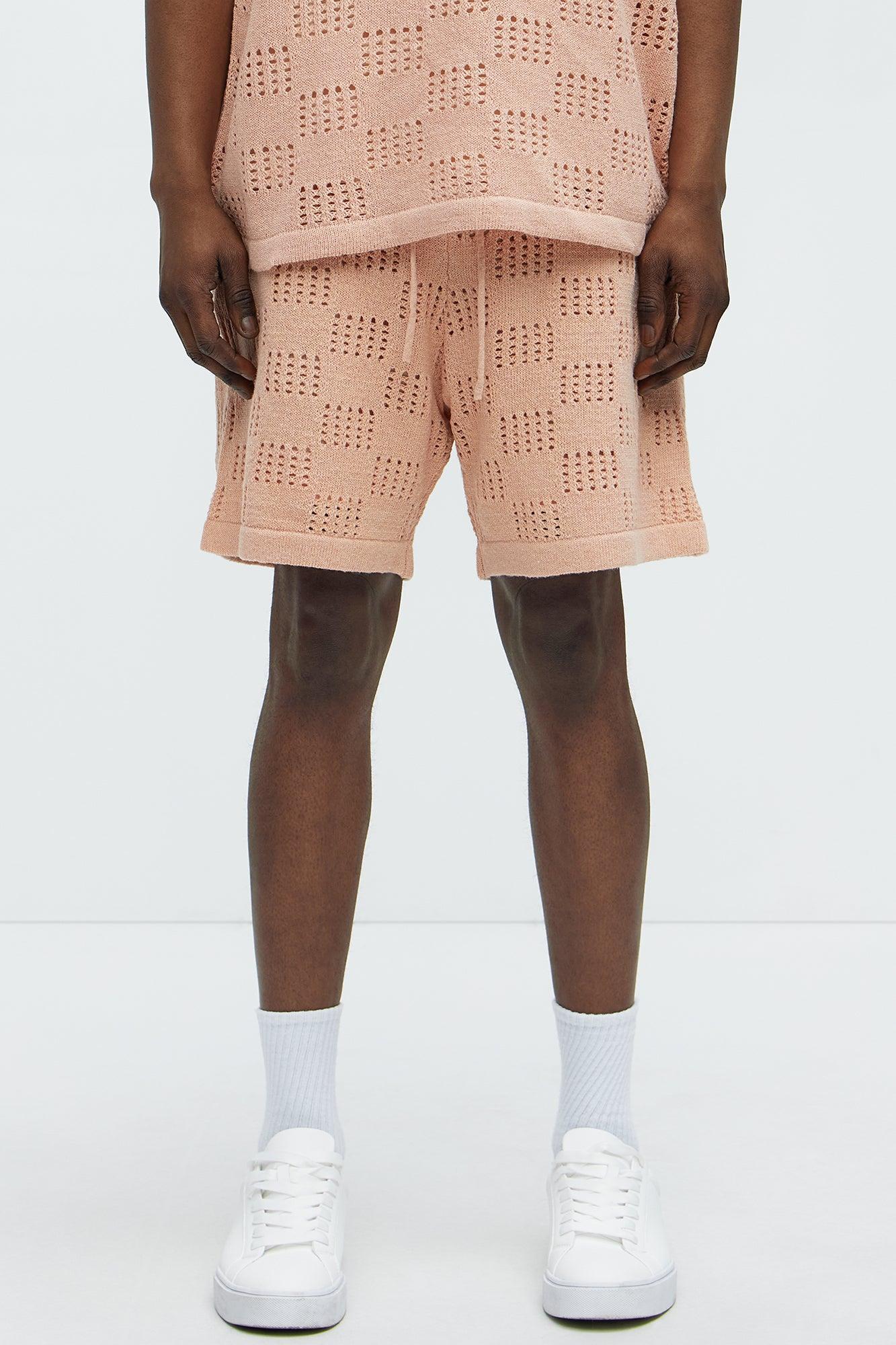 Checkered Open Knit Shorts - Pink Product Image